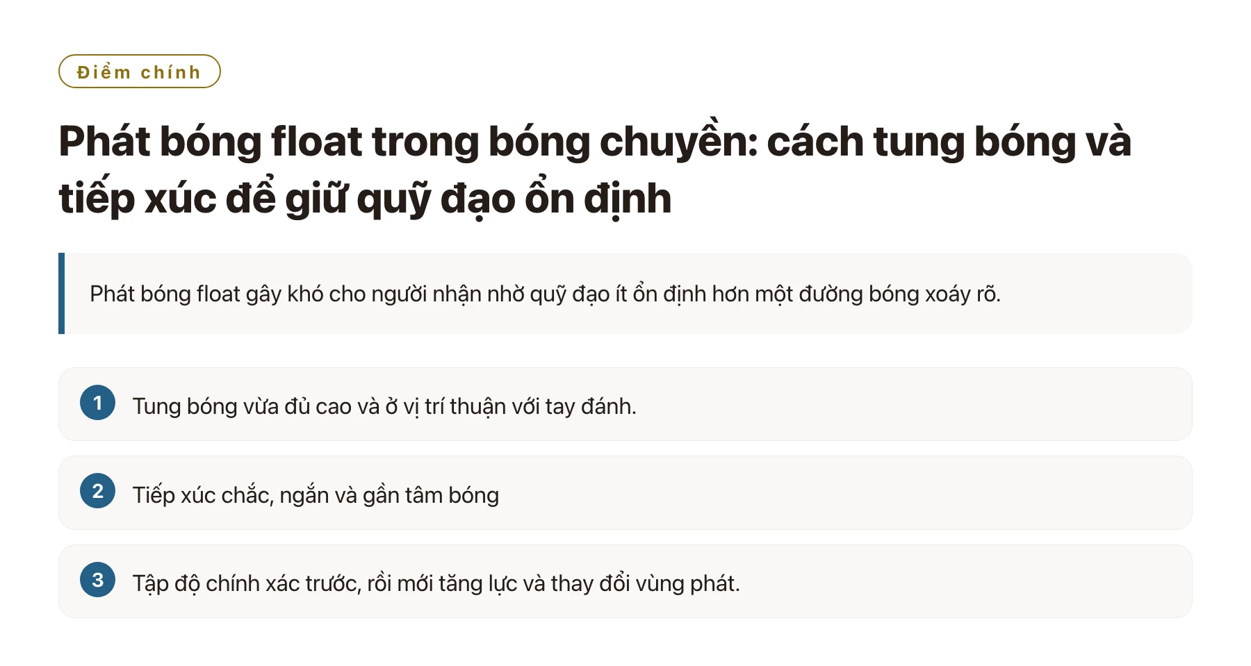 Phát bóng float trong bóng chuyền: cách tung bóng và tiếp xúc để giữ quỹ đạo ổn định——全文要点速览