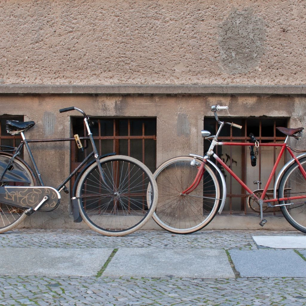 Dos bicicletas apoyadas en una pared encalada con macetas de terracota